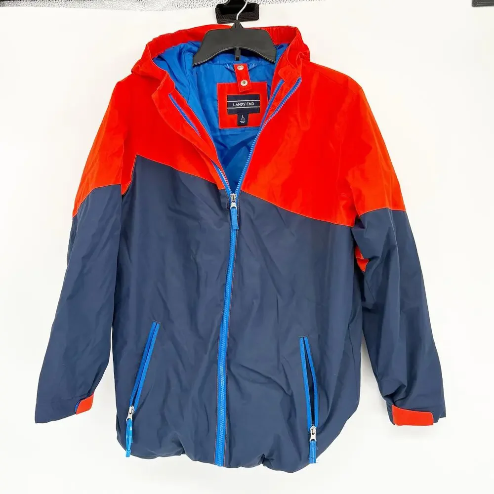 Lands End Kids Red & Blue Ski Winter Coat With Striped‎ Fleece Pullover L 14-16